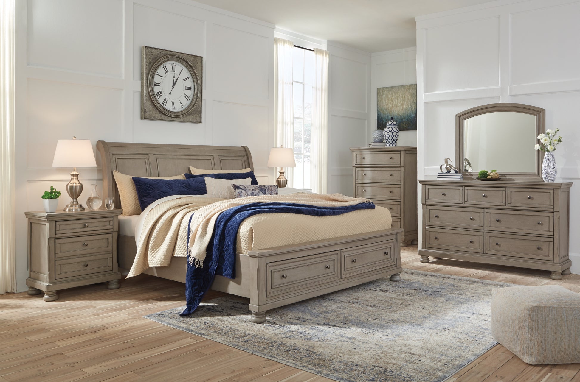 Lettner Queen Sleigh Bed with 2 Storage Drawers with Mirrored Dresser, Chest and 2 Nightstands Wilson Furniture (OH)  in Bridgeport, Ohio. Serving Bridgeport, Yorkville, Bellaire, & Avondale