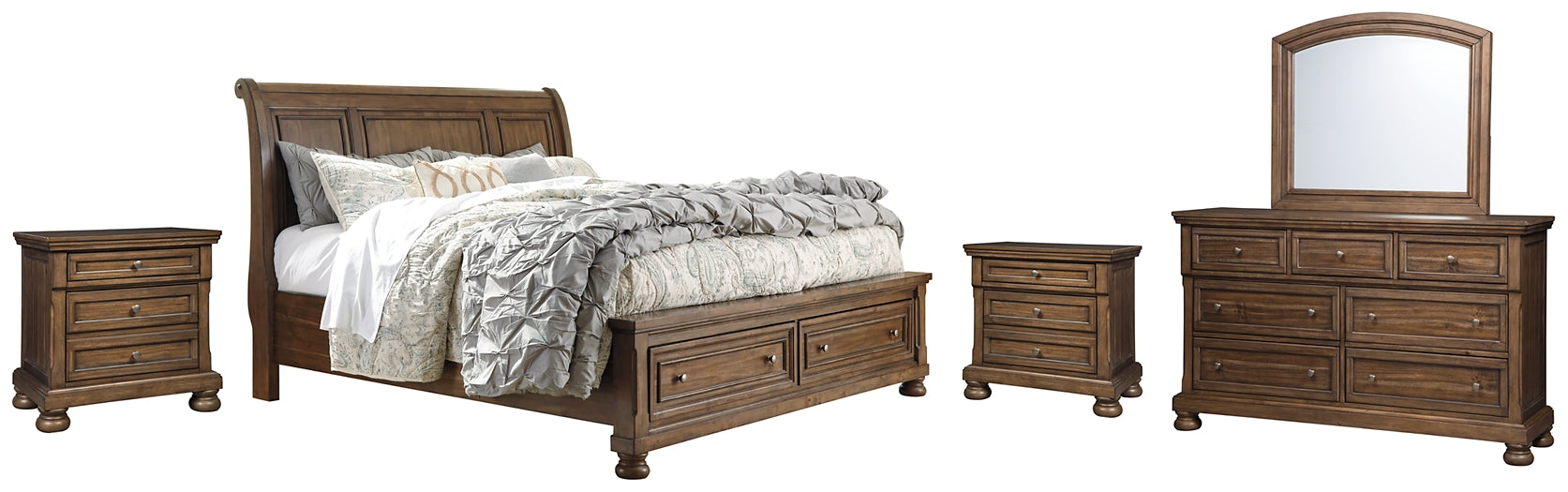 Flynnter Queen Sleigh Bed with 2 Storage Drawers with Mirrored Dresser and 2 Nightstands Wilson Furniture (OH)  in Bridgeport, Ohio. Serving Bridgeport, Yorkville, Bellaire, & Avondale
