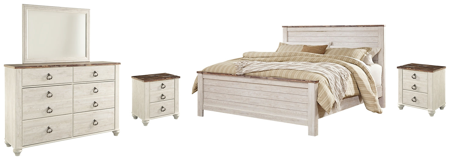 Willowton California King Panel Bed with Mirrored Dresser and 2 Nightstands Wilson Furniture (OH)  in Bridgeport, Ohio. Serving Moundsville, Richmond, Smithfield, Cadiz, & St. Clairesville