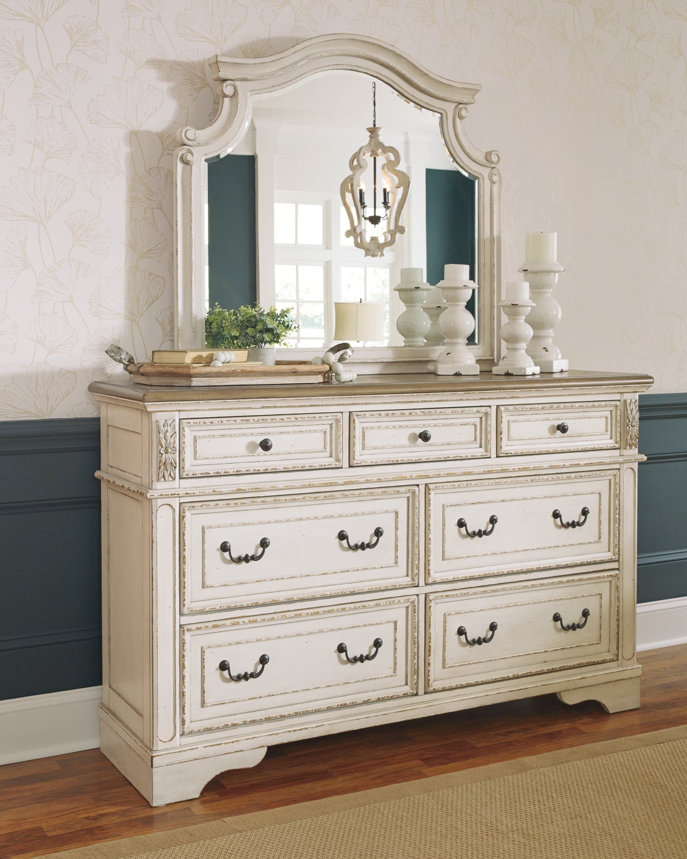 Realyn Queen Upholstered Panel Bed with Mirrored Dresser and Chest Wilson Furniture (OH)  in Bridgeport, Ohio. Serving Bridgeport, Yorkville, Bellaire, & Avondale