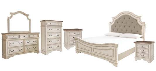 Realyn Queen Upholstered Panel Bed with Mirrored Dresser, Chest and 2 Nightstands Wilson Furniture (OH)  in Bridgeport, Ohio. Serving Bridgeport, Yorkville, Bellaire, & Avondale