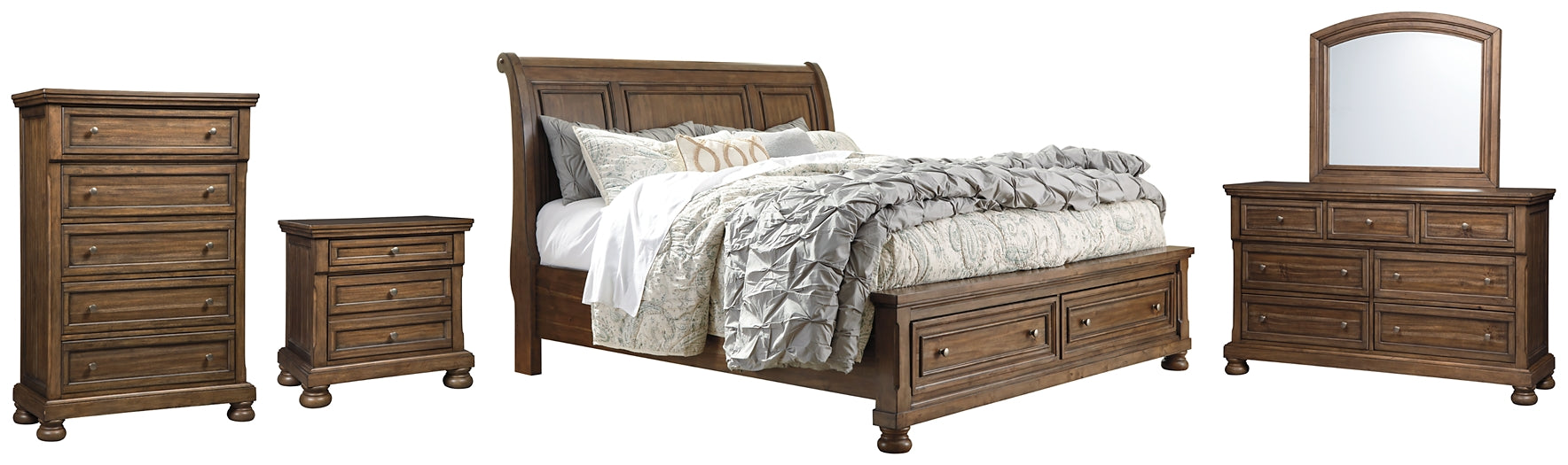 Flynnter Queen Sleigh Bed with 2 Storage Drawers with Mirrored Dresser, Chest and Nightstand Wilson Furniture (OH)  in Bridgeport, Ohio. Serving Bridgeport, Yorkville, Bellaire, & Avondale
