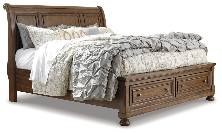 Flynnter Queen Sleigh Bed with 2 Storage Drawers with Mirrored Dresser, Chest and 2 Nightstands Wilson Furniture (OH)  in Bridgeport, Ohio. Serving Bridgeport, Yorkville, Bellaire, & Avondale