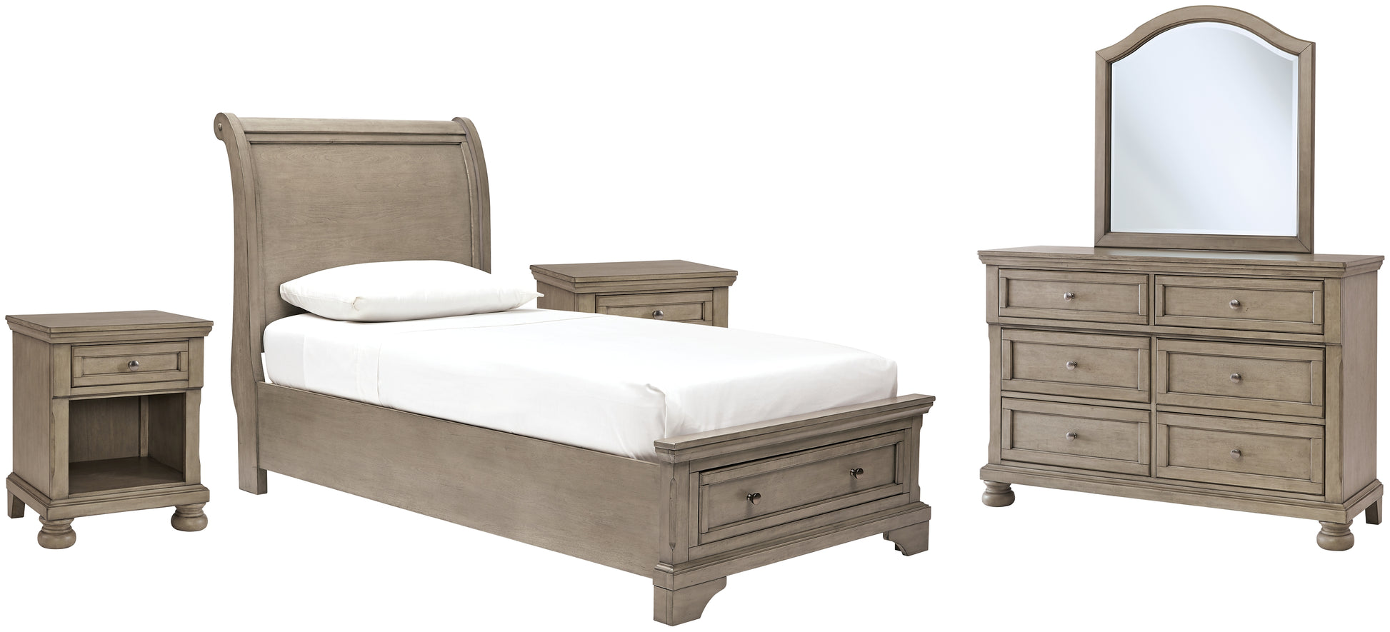 Lettner Twin Sleigh Bed with Mirrored Dresser and 2 Nightstands Wilson Furniture (OH)  in Bridgeport, Ohio. Serving Bridgeport, Yorkville, Bellaire, & Avondale