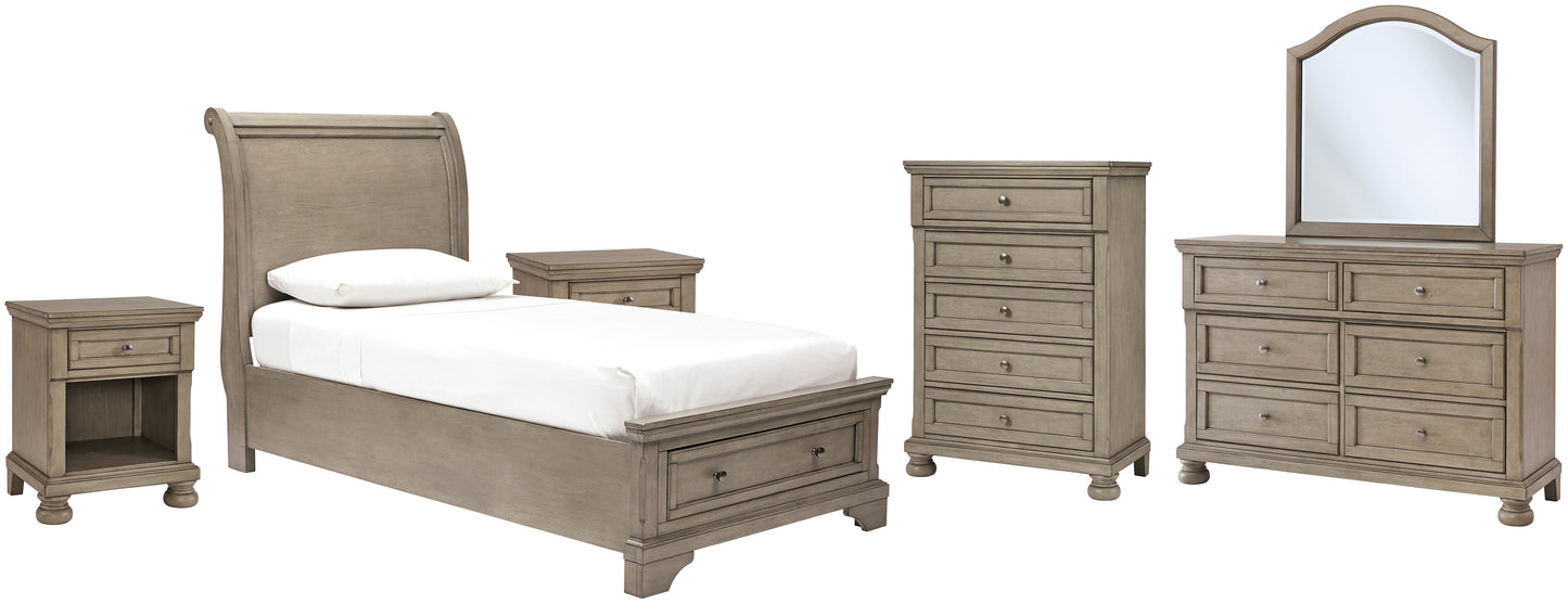 Lettner Twin Sleigh Bed with Mirrored Dresser, Chest and 2 Nightstands Wilson Furniture (OH)  in Bridgeport, Ohio. Serving Bridgeport, Yorkville, Bellaire, & Avondale