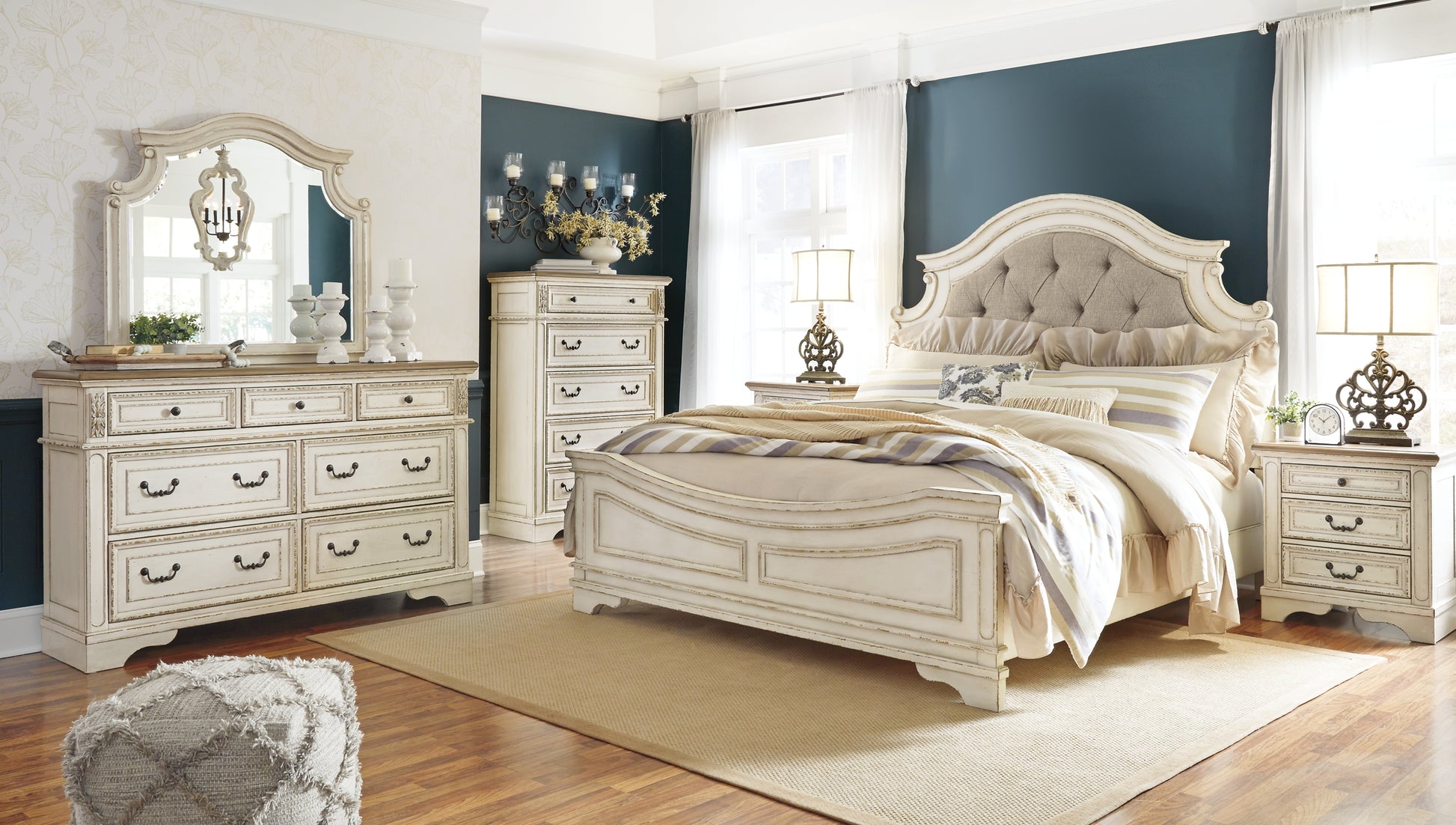 Realyn Queen Upholstered Panel Bed with Mirrored Dresser, Chest and Nightstand Wilson Furniture (OH)  in Bridgeport, Ohio. Serving Bridgeport, Yorkville, Bellaire, & Avondale