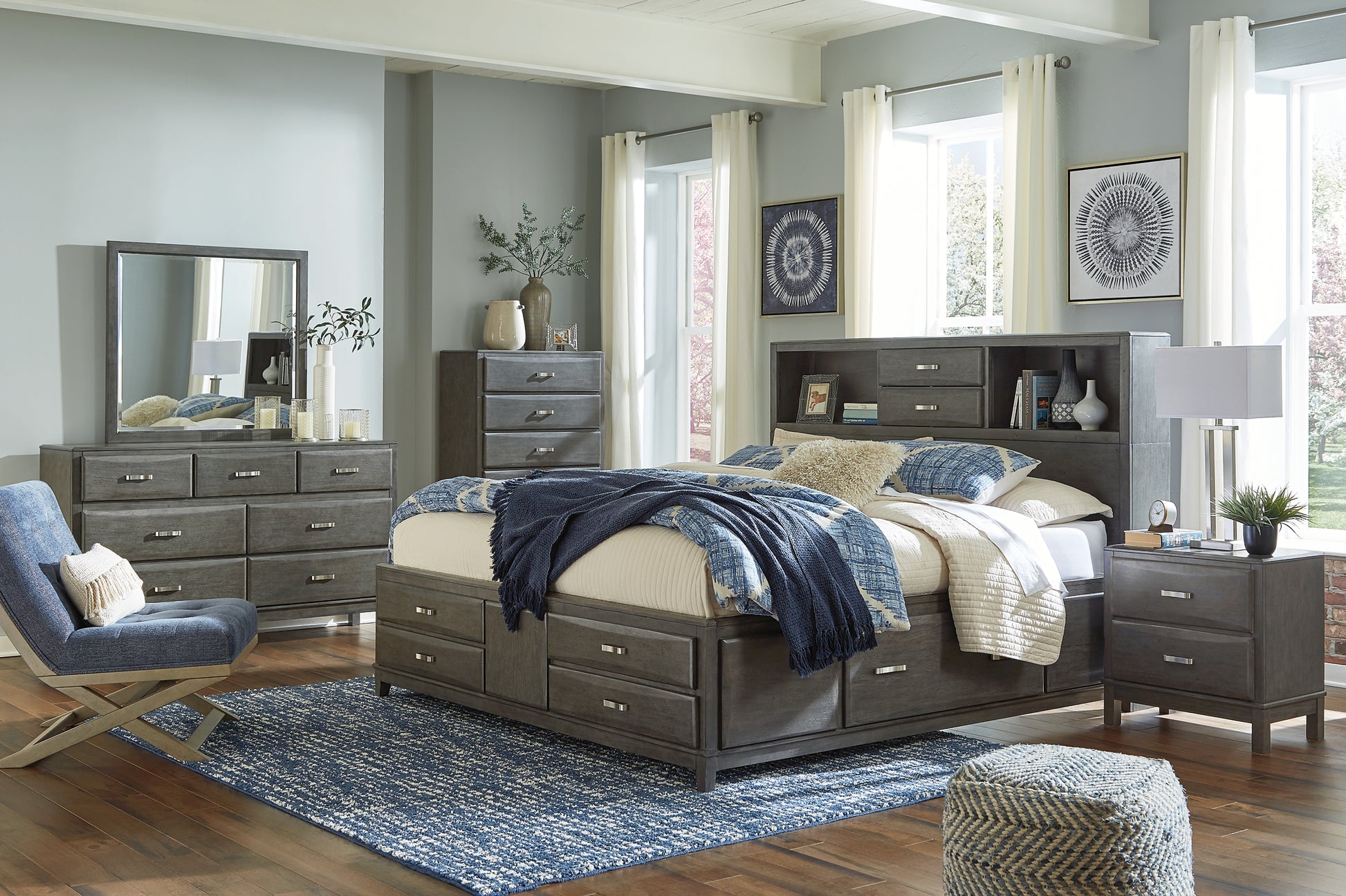Caitbrook Queen Storage Bed with 8 Storage Drawers with Mirrored Dresser, Chest and Nightstand Wilson Furniture (OH)  in Bridgeport, Ohio. Serving Bridgeport, Yorkville, Bellaire, & Avondale