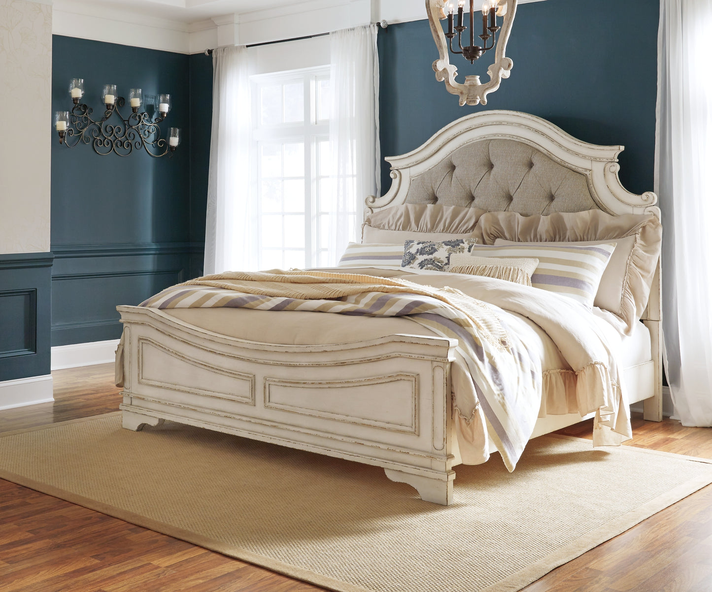 Realyn Queen Upholstered Panel Bed with Mirrored Dresser and 2 Nightstands Wilson Furniture (OH)  in Bridgeport, Ohio. Serving Bridgeport, Yorkville, Bellaire, & Avondale