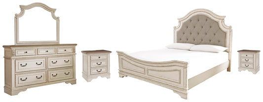 Realyn Queen Upholstered Panel Bed with Mirrored Dresser and 2 Nightstands Wilson Furniture (OH)  in Bridgeport, Ohio. Serving Bridgeport, Yorkville, Bellaire, & Avondale