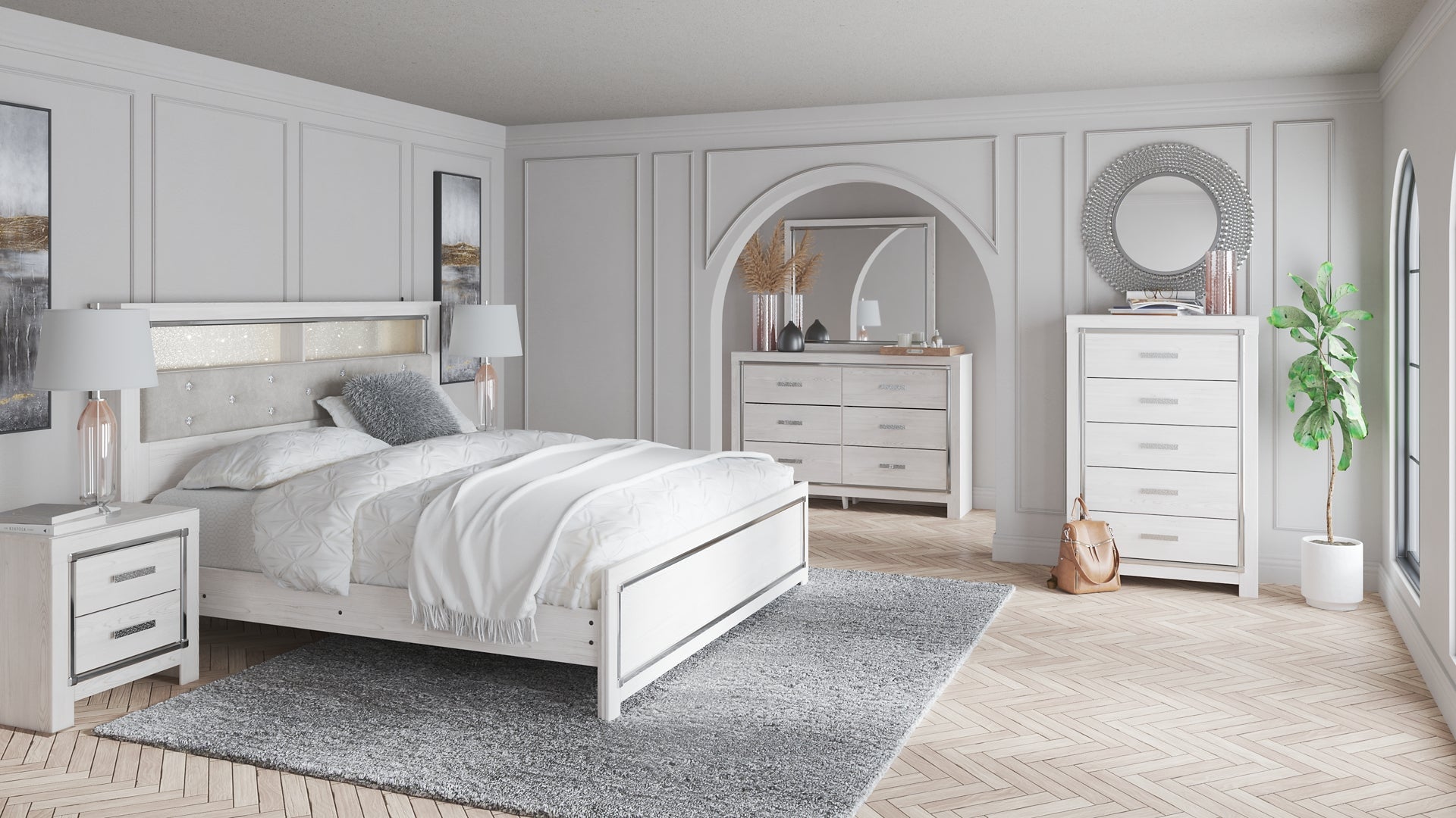 Altyra King Bookcase Headboard with Mirrored Dresser and Chest Wilson Furniture (OH)  in Bridgeport, Ohio. Serving Bridgeport, Yorkville, Bellaire, & Avondale