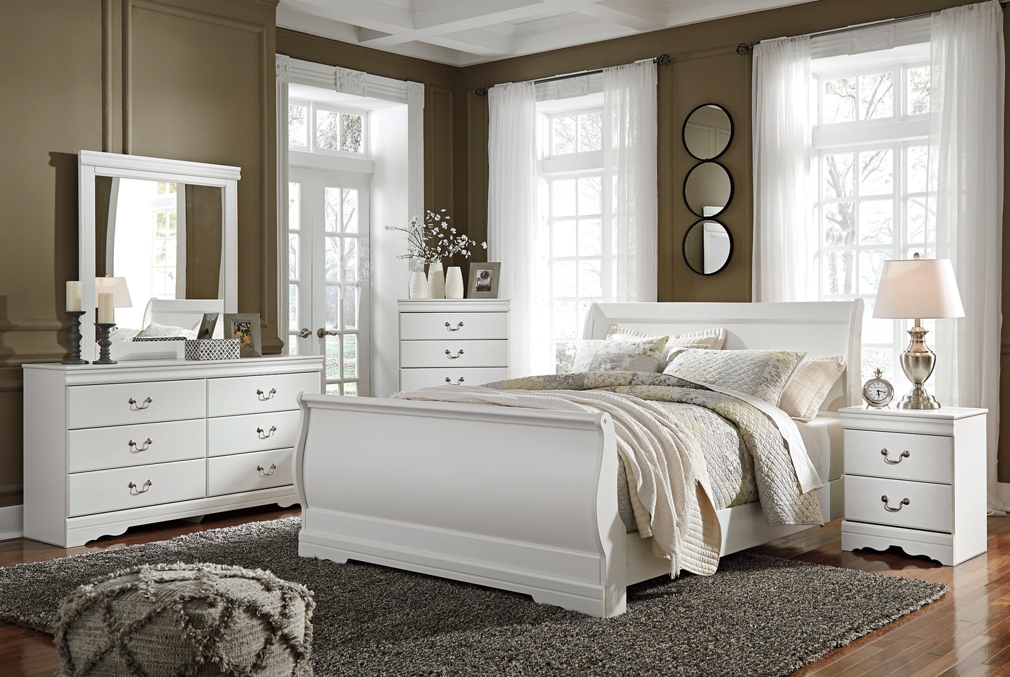 Anarasia Queen Sleigh Bed with Mirrored Dresser, Chest and 2 Nightstands Wilson Furniture (OH)  in Bridgeport, Ohio. Serving Bridgeport, Yorkville, Bellaire, & Avondale