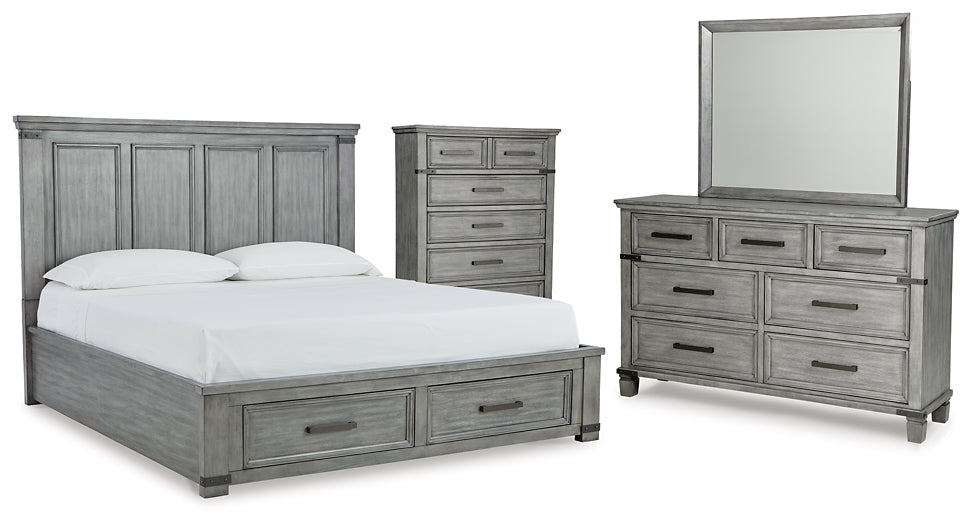 Russelyn King Storage Bed with Mirrored Dresser and Chest Wilson Furniture (OH)  in Bridgeport, Ohio. Serving Bridgeport, Yorkville, Bellaire, & Avondale