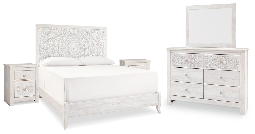 Paxberry King Panel Bed with Mirrored Dresser and 2 Nightstands Wilson Furniture (OH)  in Bridgeport, Ohio. Serving Bridgeport, Yorkville, Bellaire, & Avondale