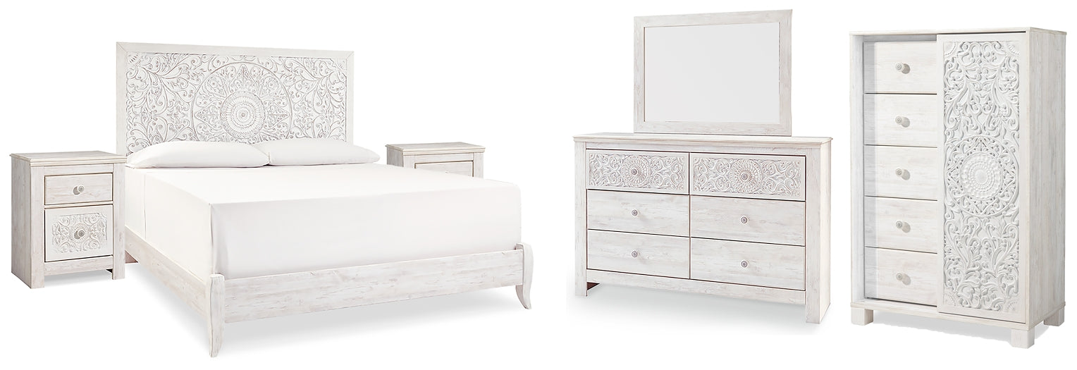 Paxberry King Panel Bed with Mirrored Dresser, Chest and 2 Nightstands Wilson Furniture (OH)  in Bridgeport, Ohio. Serving Bridgeport, Yorkville, Bellaire, & Avondale
