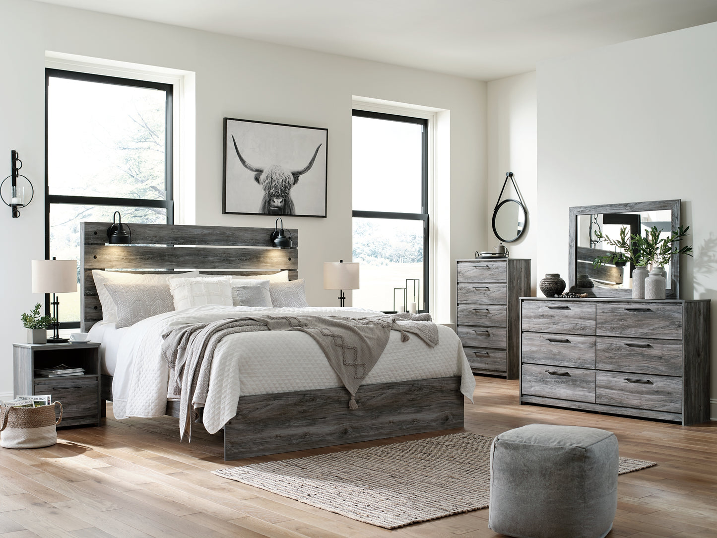 Baystorm King Panel Bed with Mirrored Dresser, Chest and 2 Nightstands Wilson Furniture (OH)  in Bridgeport, Ohio. Serving Bridgeport, Yorkville, Bellaire, & Avondale