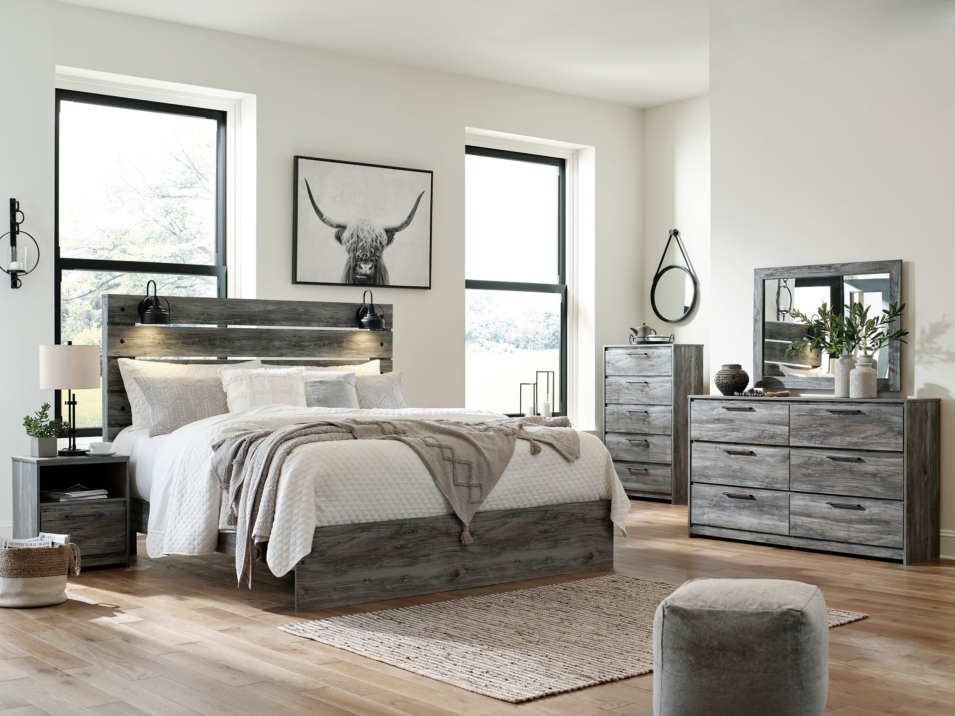 Baystorm King Panel Bed with Mirrored Dresser, Chest and Nightstand Wilson Furniture (OH)  in Bridgeport, Ohio. Serving Bridgeport, Yorkville, Bellaire, & Avondale