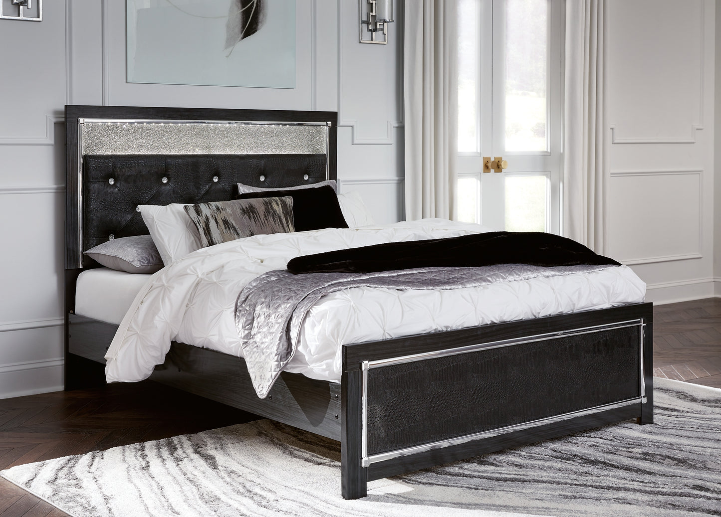 Kaydell Queen Upholstered Panel Bed with Mirrored Dresser, Chest and Nightstand Wilson Furniture (OH)  in Bridgeport, Ohio. Serving Bridgeport, Yorkville, Bellaire, & Avondale